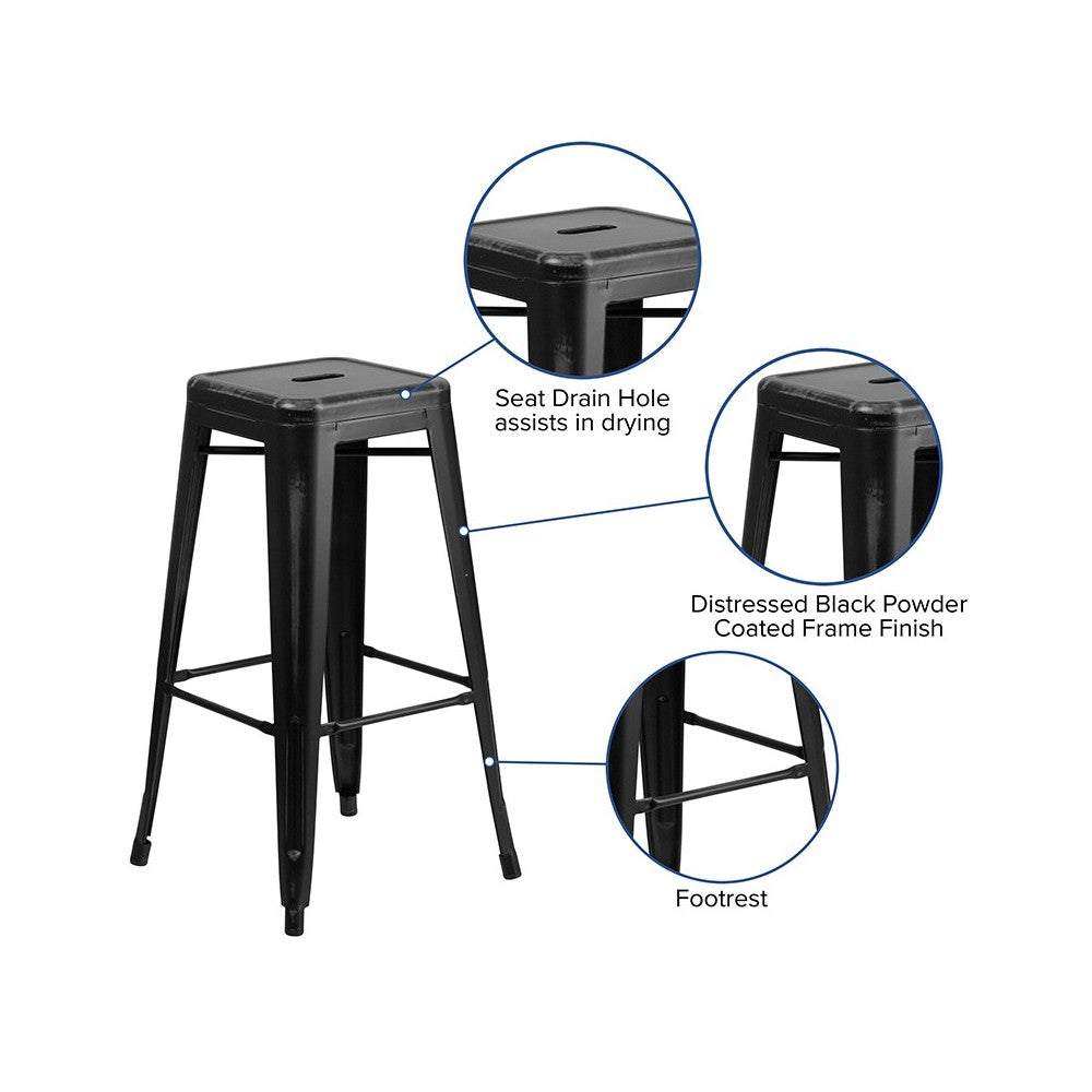 Commercial Grade 30" High Backless Distressed Black Metal Indoor-Outdoor Barstool