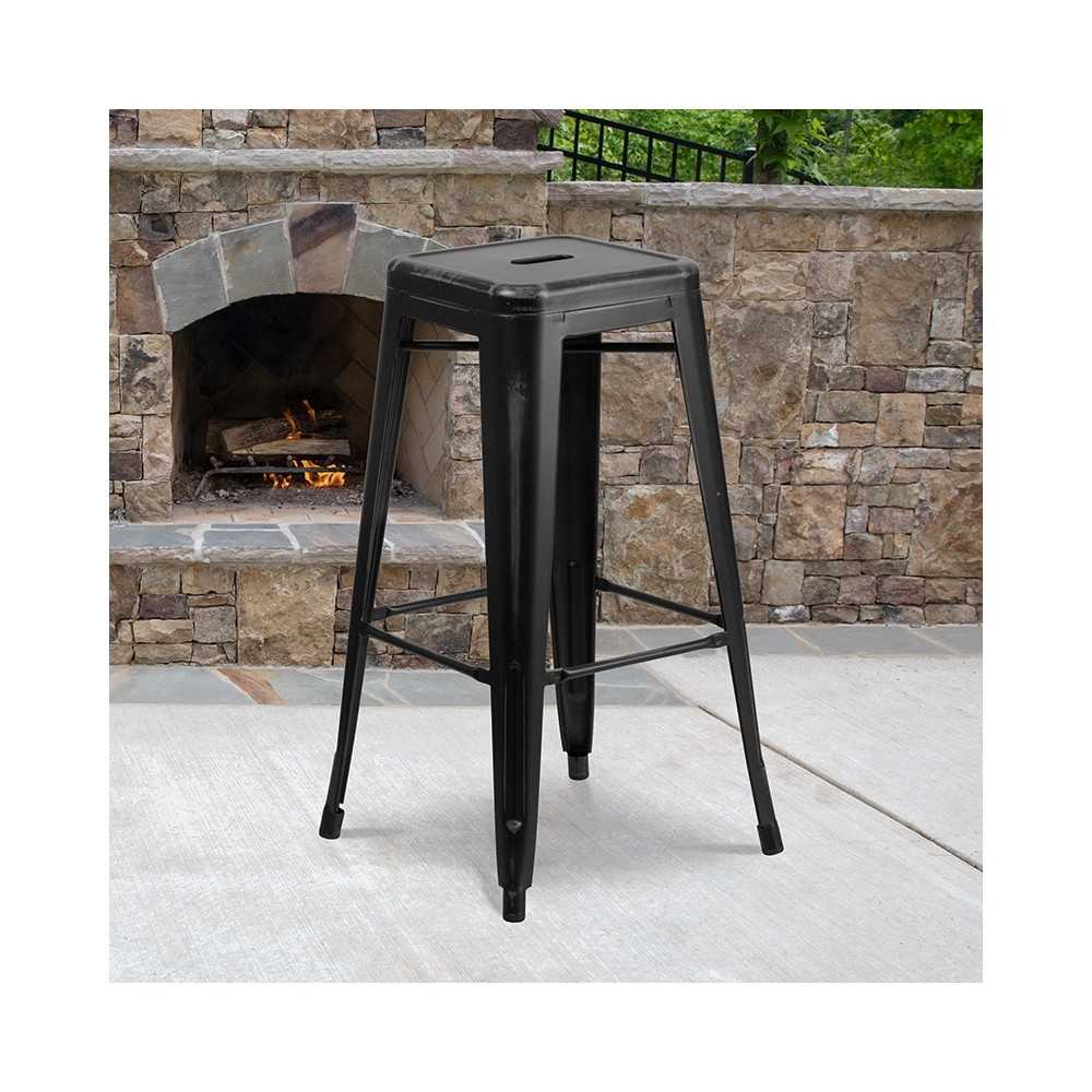 Commercial Grade 30" High Backless Distressed Black Metal Indoor-Outdoor Barstool