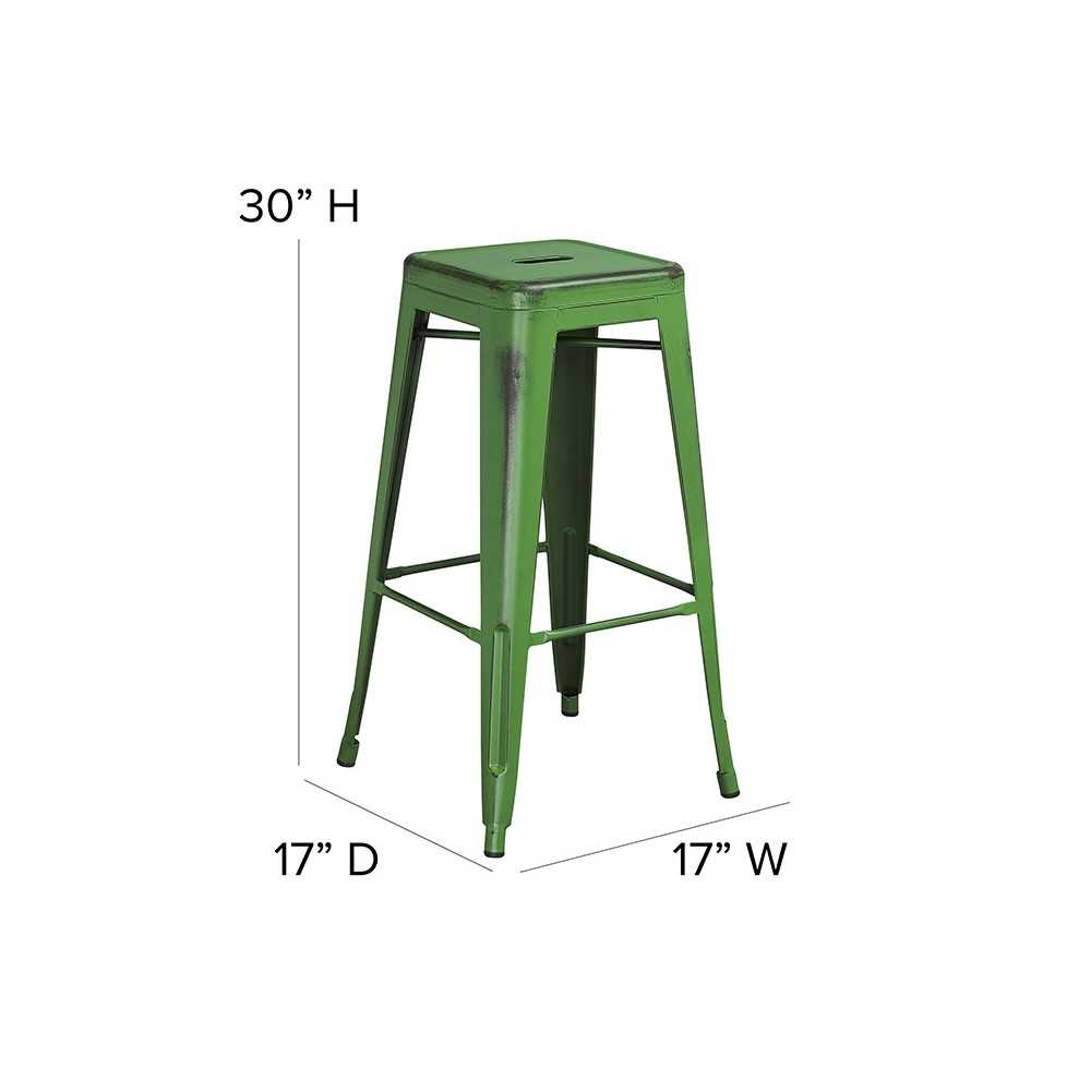 Commercial Grade 30" High Backless Distressed Green Metal Indoor-Outdoor Barstool