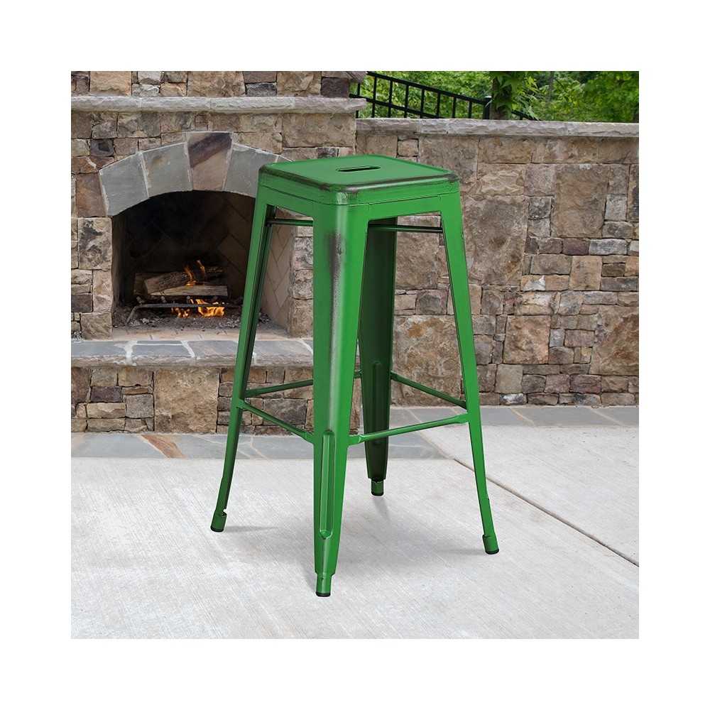 Commercial Grade 30" High Backless Distressed Green Metal Indoor-Outdoor Barstool