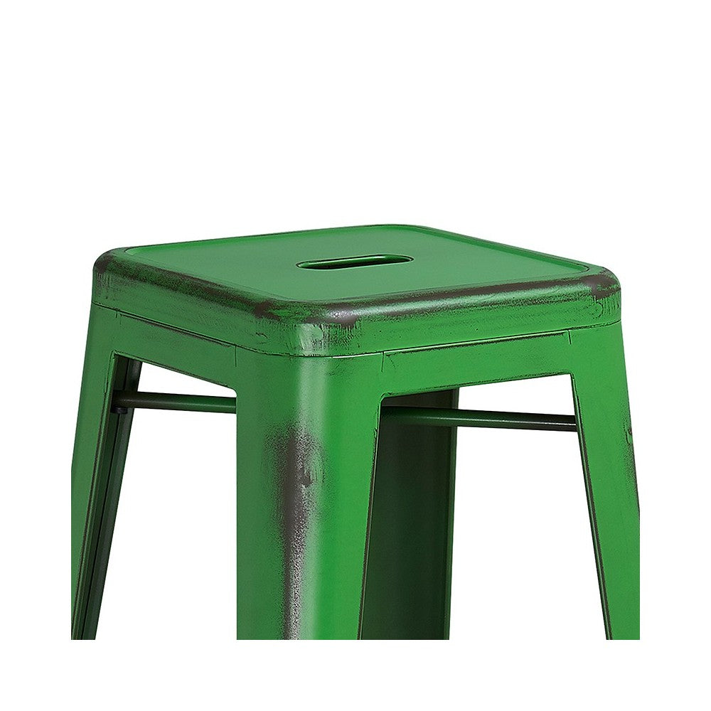 Commercial Grade 30" High Backless Distressed Green Metal Indoor-Outdoor Barstool