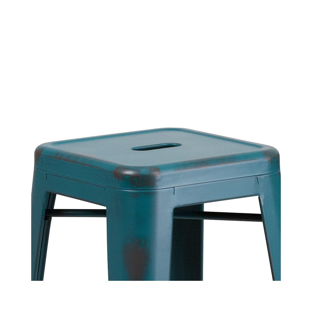 Commercial Grade 30" High Backless Distressed Kelly Blue-Teal Metal Indoor-Outdoor Barstool