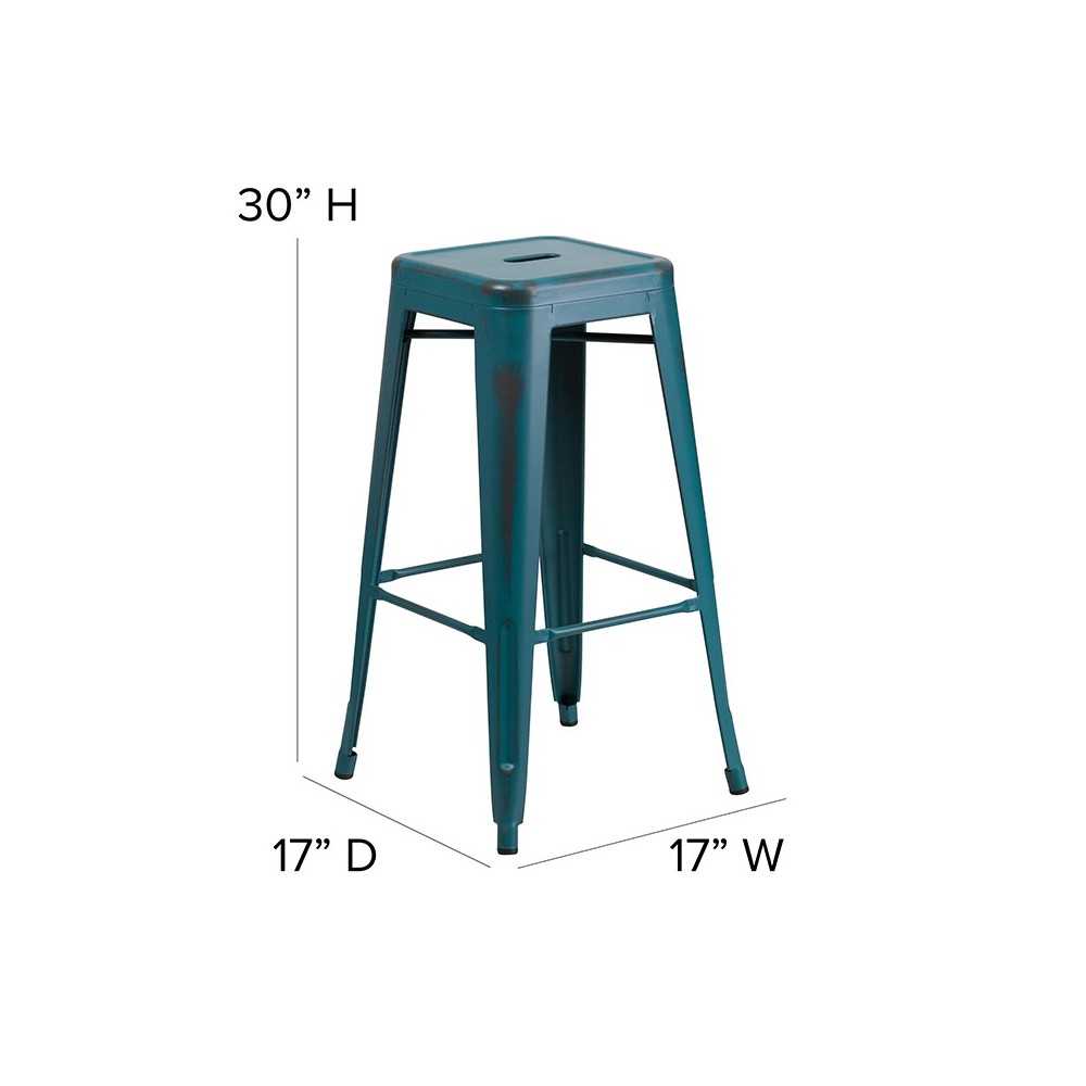 Commercial Grade 30" High Backless Distressed Kelly Blue-Teal Metal Indoor-Outdoor Barstool