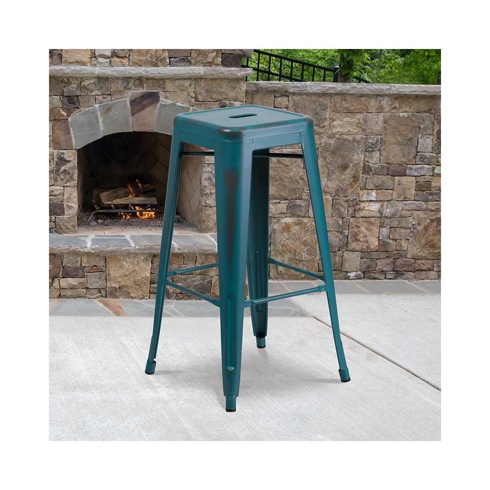 Commercial Grade 30" High Backless Distressed Kelly Blue-Teal Metal Indoor-Outdoor Barstool
