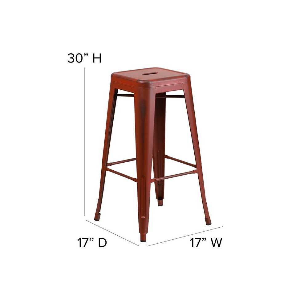 Commercial Grade 30" High Backless Distressed Kelly Red Metal Indoor-Outdoor Barstool
