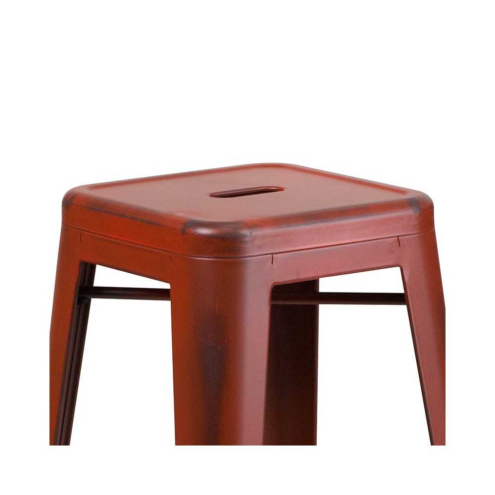 Commercial Grade 30" High Backless Distressed Kelly Red Metal Indoor-Outdoor Barstool