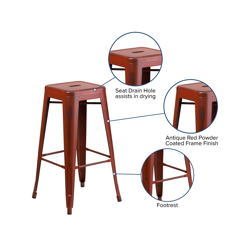 Commercial Grade 30" High Backless Distressed Kelly Red Metal Indoor-Outdoor Barstool