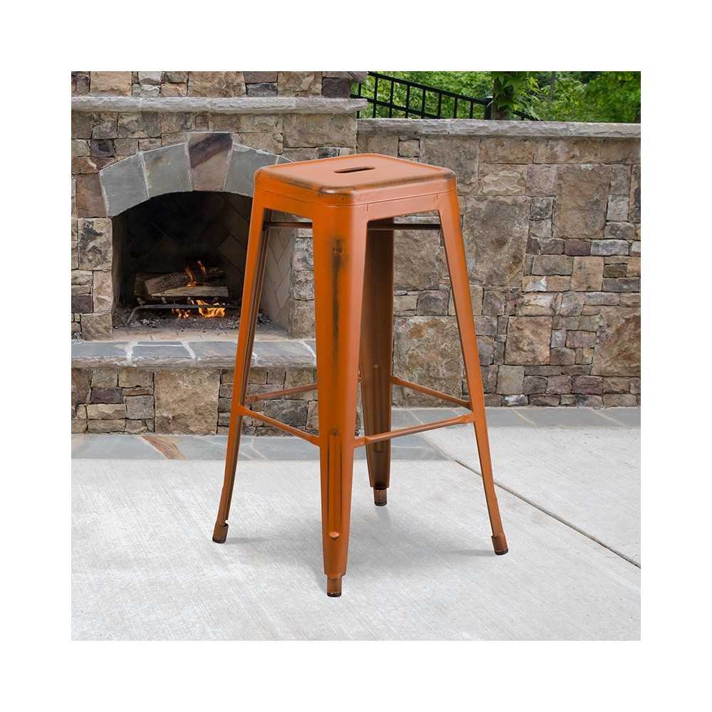 Commercial Grade 30" High Backless Distressed Orange Metal Indoor-Outdoor Barstool