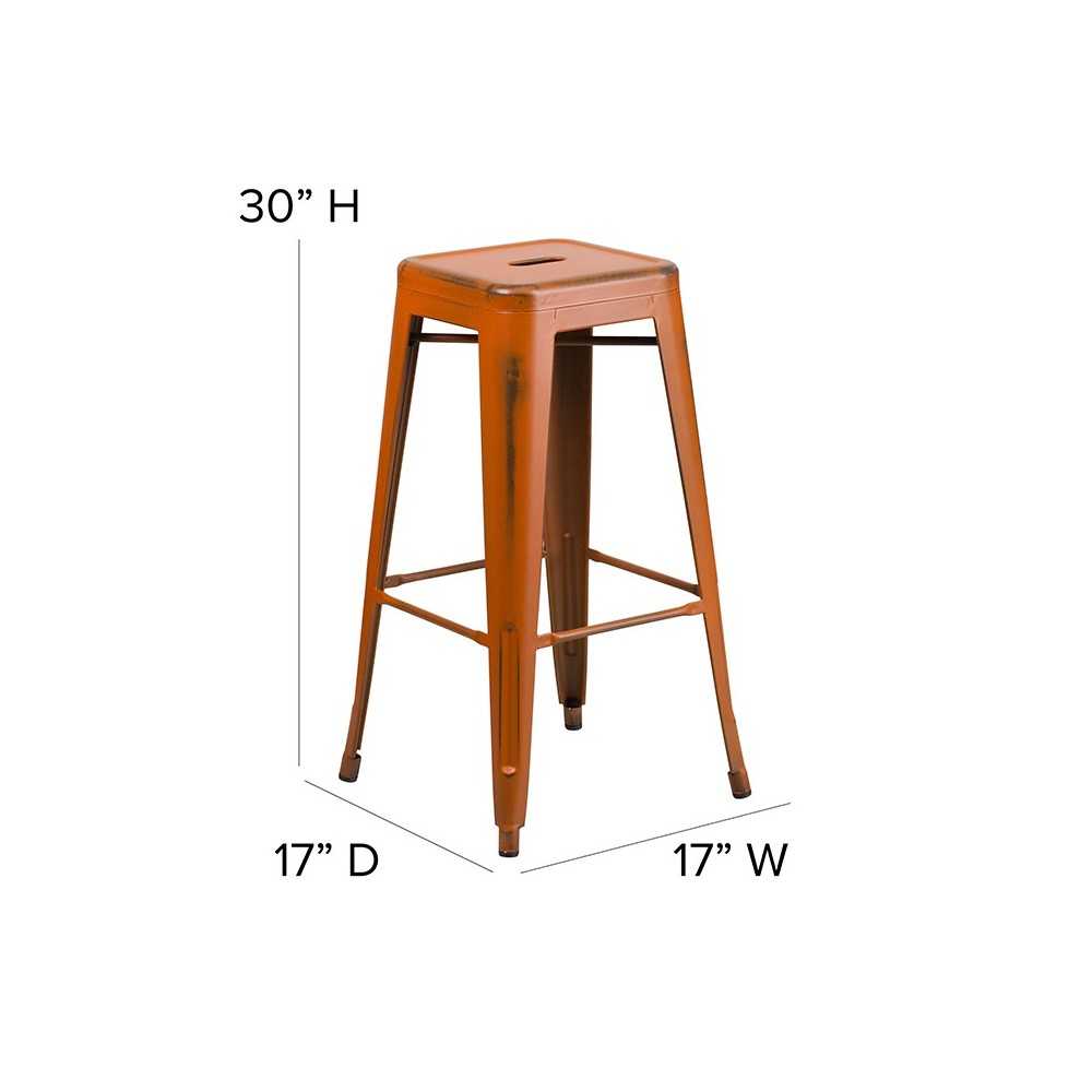 Commercial Grade 30" High Backless Distressed Orange Metal Indoor-Outdoor Barstool