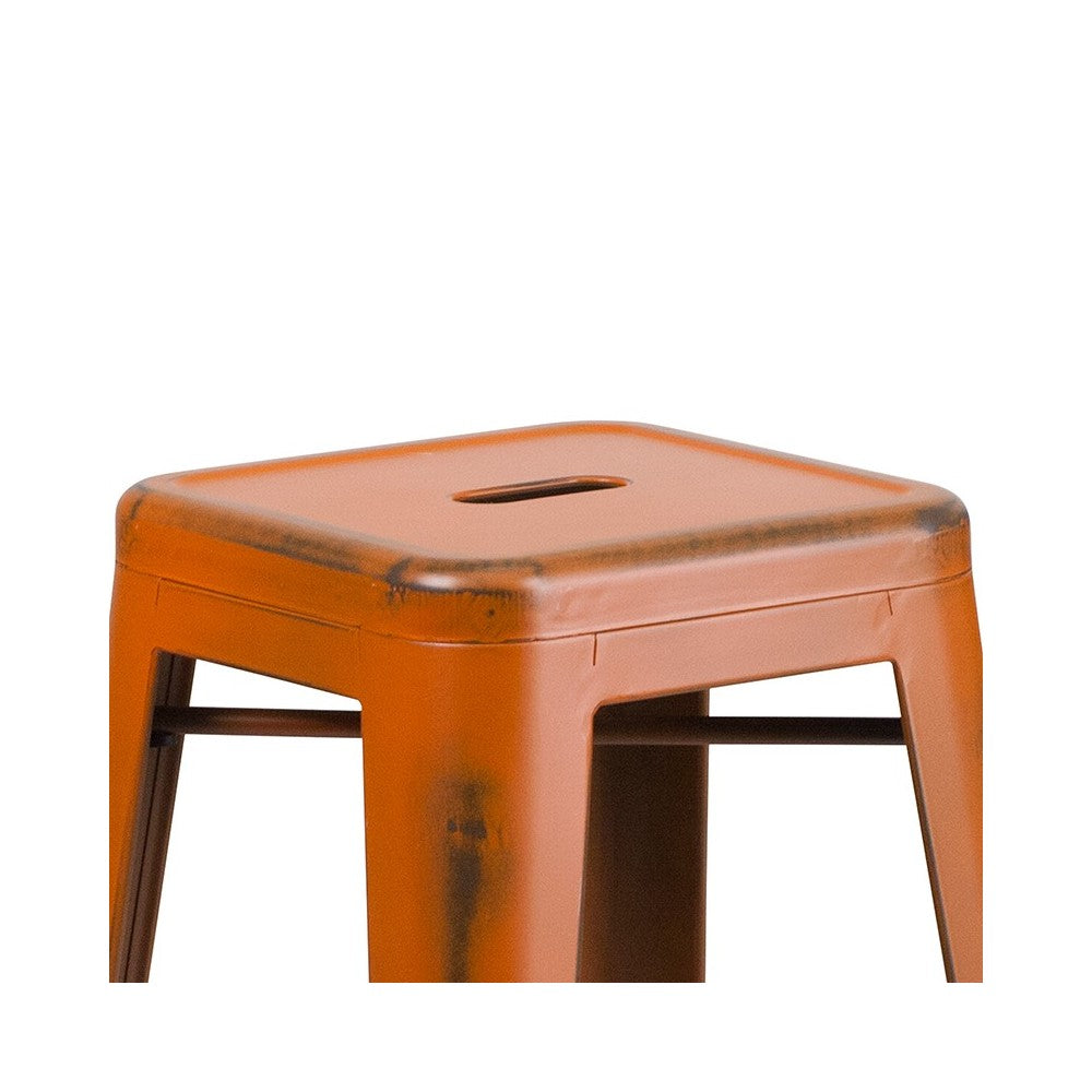 Commercial Grade 30" High Backless Distressed Orange Metal Indoor-Outdoor Barstool