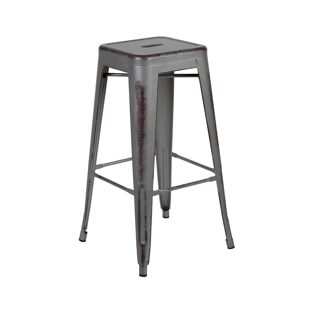 Commercial Grade 30" High Backless Distressed Silver Gray Metal Indoor-Outdoor Barstool