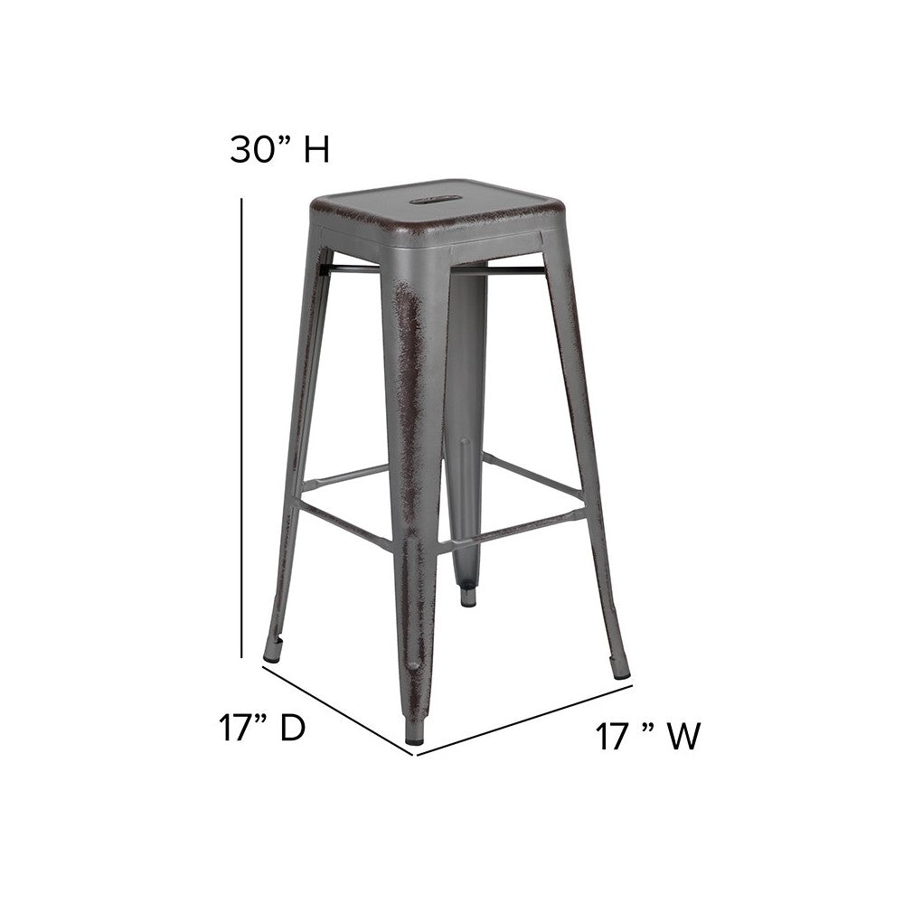 Commercial Grade 30" High Backless Distressed Silver Gray Metal Indoor-Outdoor Barstool