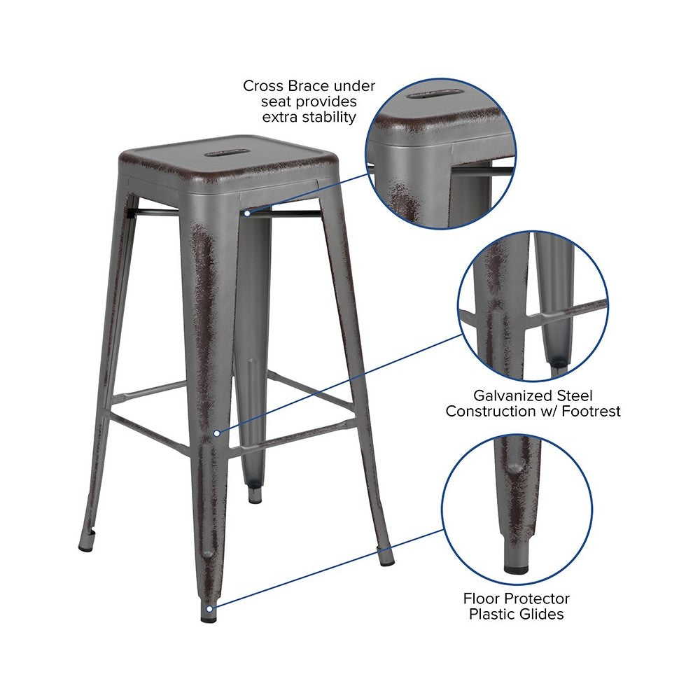 Commercial Grade 30" High Backless Distressed Silver Gray Metal Indoor-Outdoor Barstool