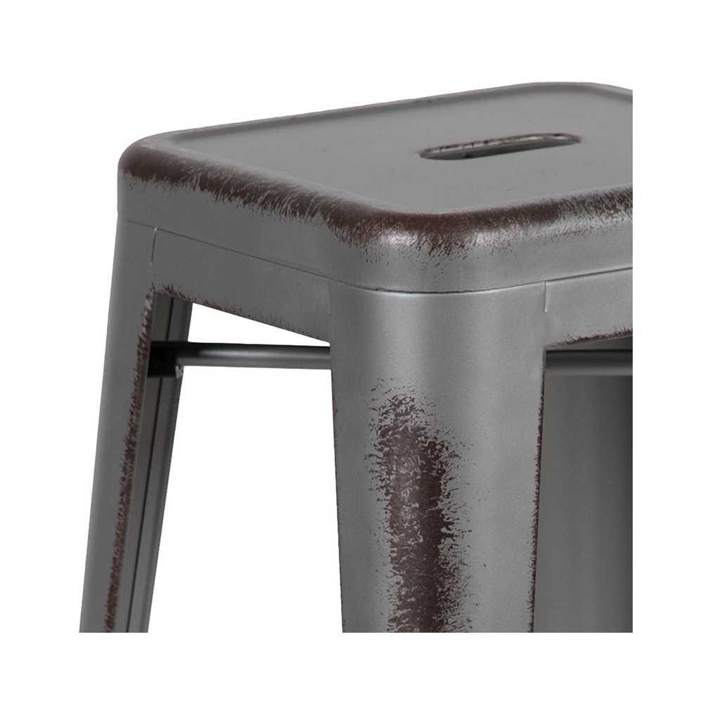 Commercial Grade 30" High Backless Distressed Silver Gray Metal Indoor-Outdoor Barstool