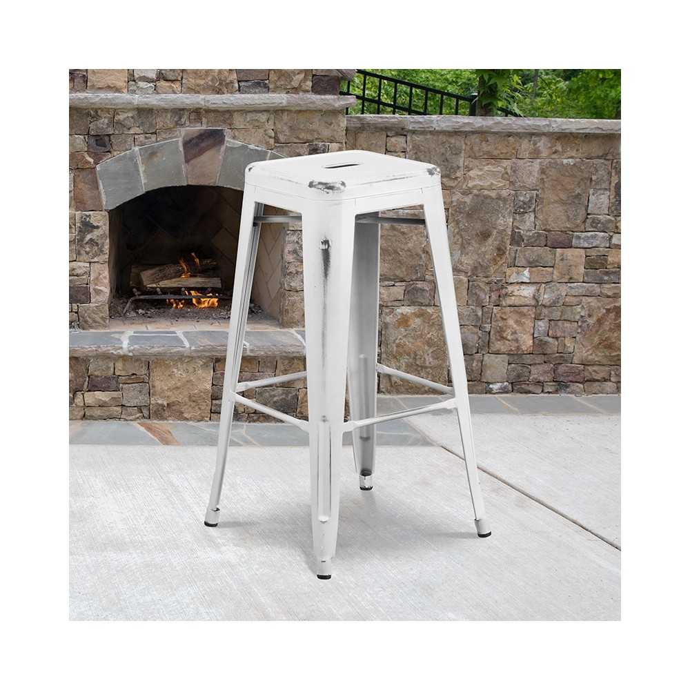 Commercial Grade 30" High Backless Distressed White Metal Indoor-Outdoor Barstool