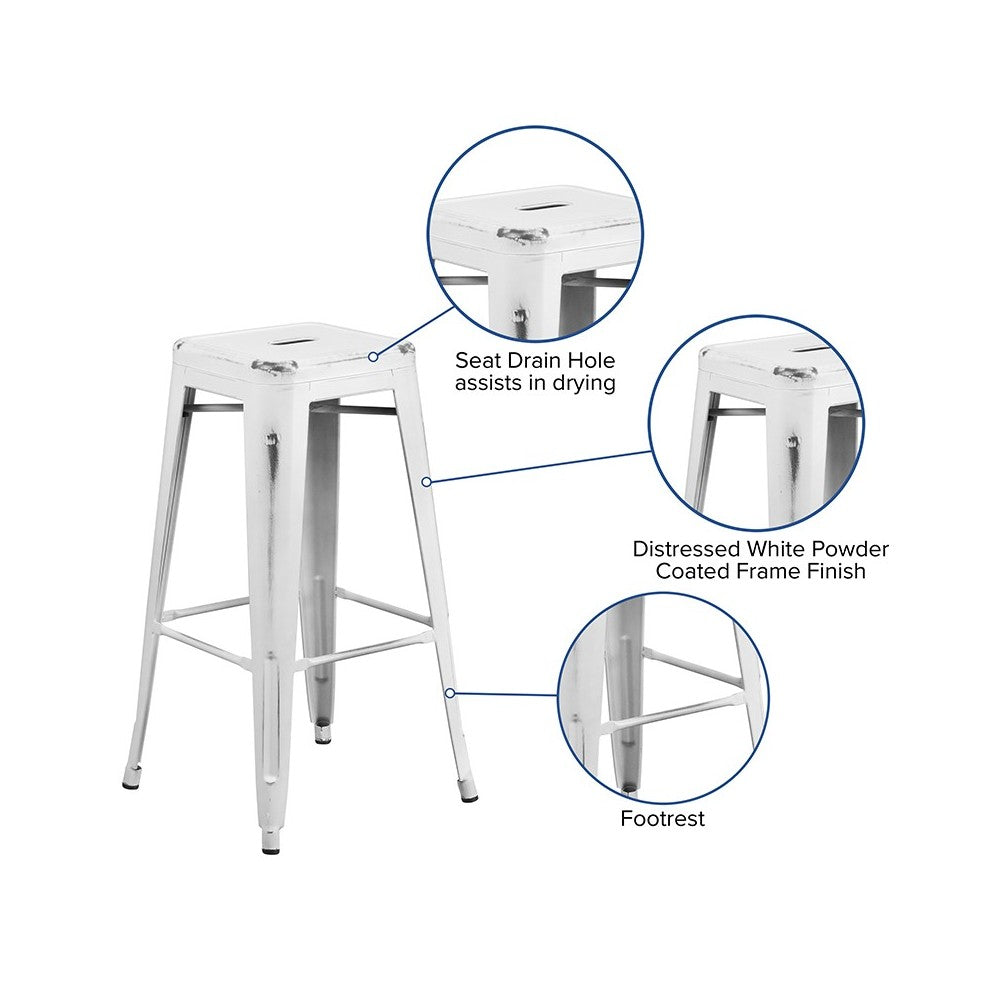 Commercial Grade 30" High Backless Distressed White Metal Indoor-Outdoor Barstool