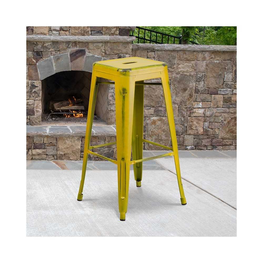 Commercial Grade 30" High Backless Distressed Yellow Metal Indoor-Outdoor Barstool