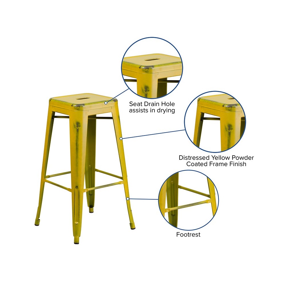 Commercial Grade 30" High Backless Distressed Yellow Metal Indoor-Outdoor Barstool