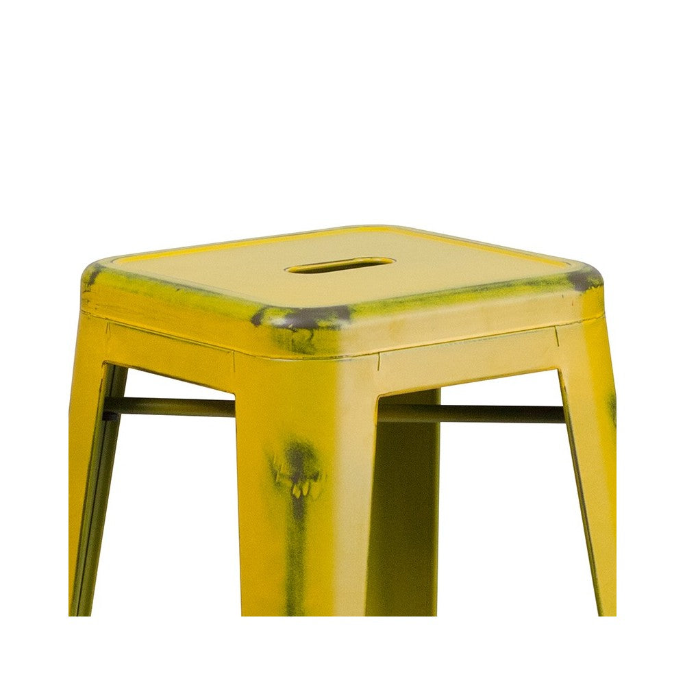 Commercial Grade 30" High Backless Distressed Yellow Metal Indoor-Outdoor Barstool