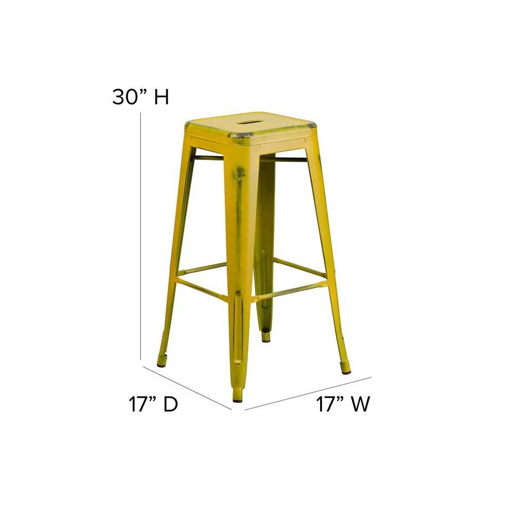 Commercial Grade 30" High Backless Distressed Yellow Metal Indoor-Outdoor Barstool