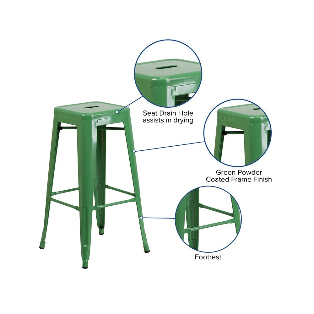 Commercial Grade 30" High Backless Green Metal Indoor-Outdoor Barstool with Square Seat