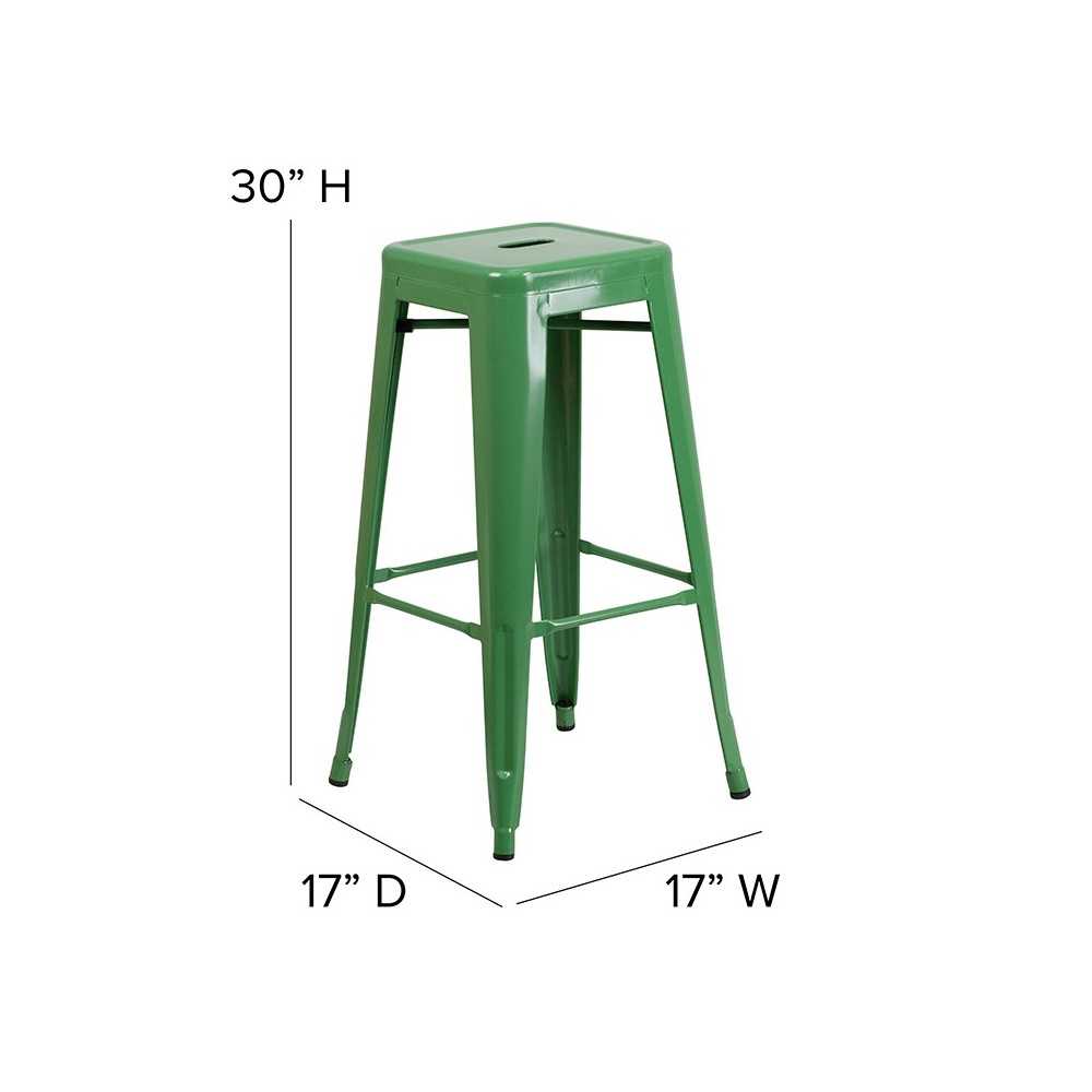 Commercial Grade 30" High Backless Green Metal Indoor-Outdoor Barstool with Square Seat