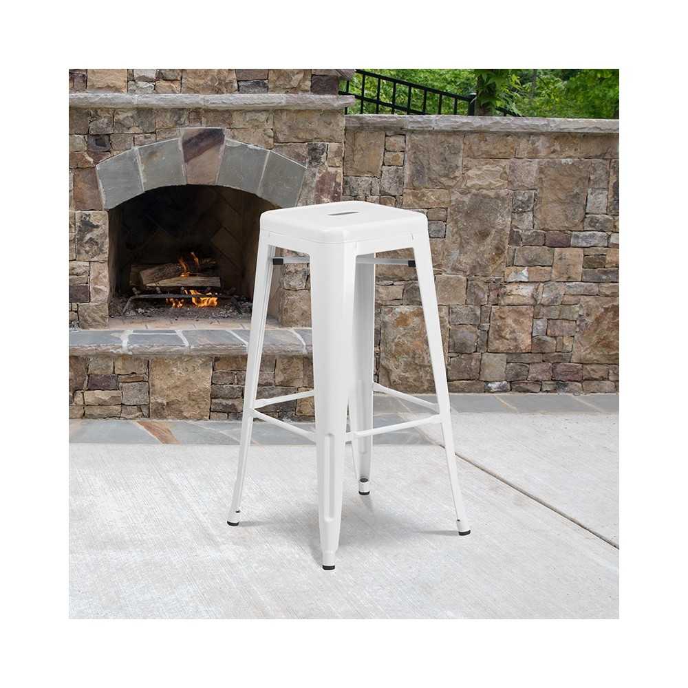 Commercial Grade 30" High Backless White Metal Indoor-Outdoor Barstool with Square Seat