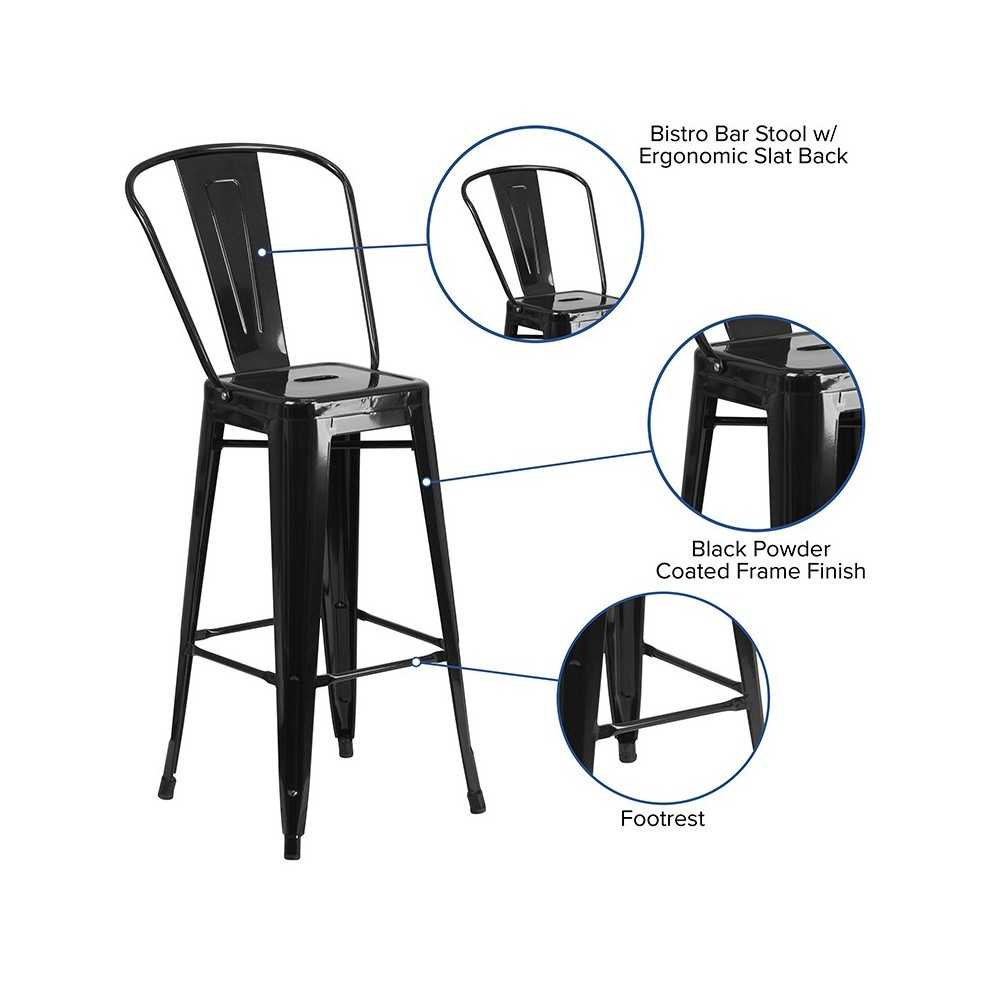 Commercial Grade 30" High Black Metal Indoor-Outdoor Barstool with Removable Back
