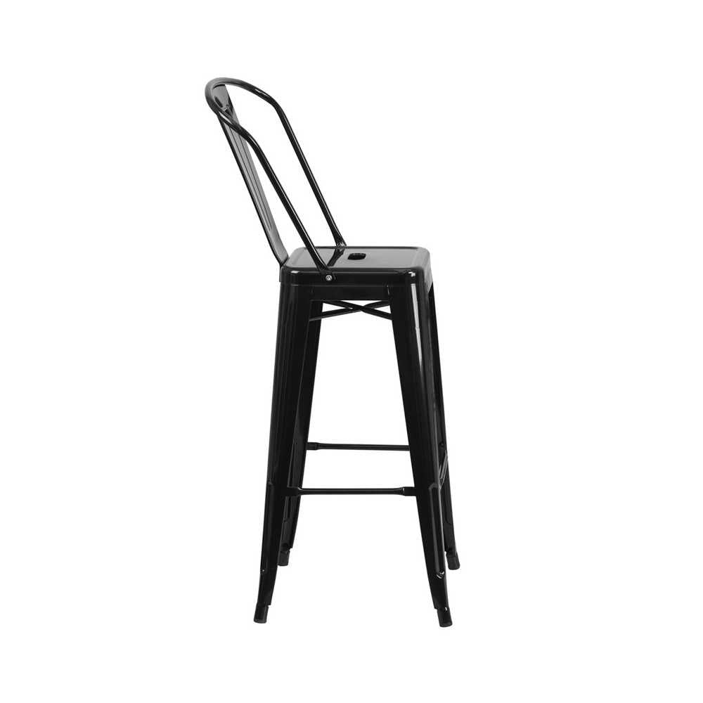 Commercial Grade 30" High Black Metal Indoor-Outdoor Barstool with Removable Back
