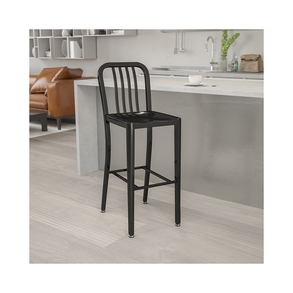 Commercial Grade 30" High Black Metal Indoor-Outdoor Barstool with Vertical Slat Back