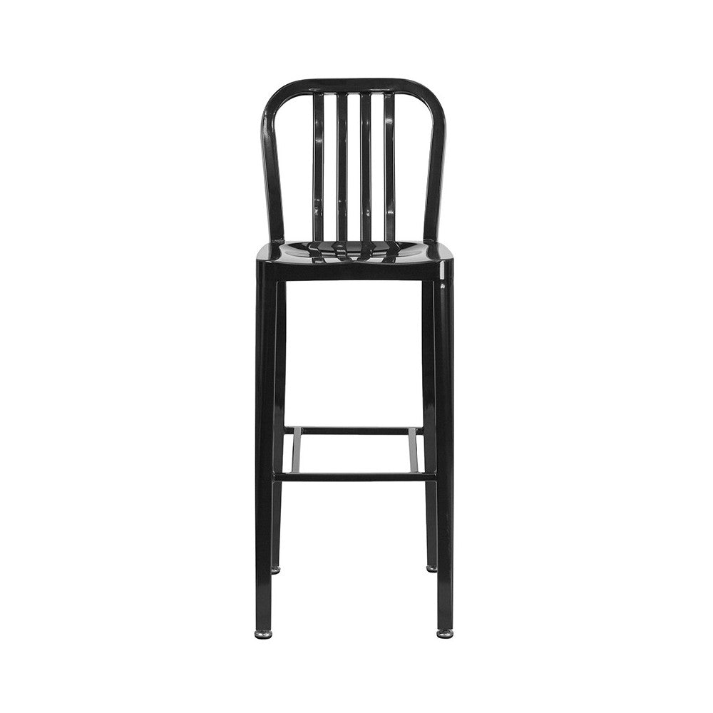 Commercial Grade 30" High Black Metal Indoor-Outdoor Barstool with Vertical Slat Back