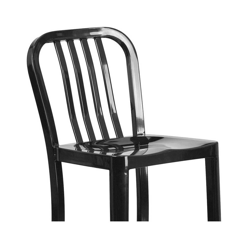 Commercial Grade 30" High Black Metal Indoor-Outdoor Barstool with Vertical Slat Back