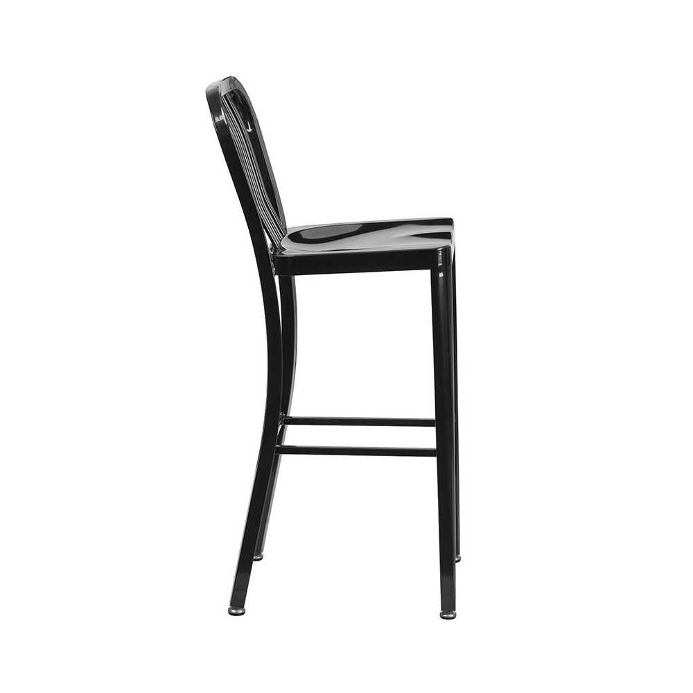 Commercial Grade 30" High Black Metal Indoor-Outdoor Barstool with Vertical Slat Back