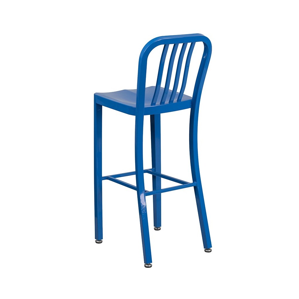 Commercial Grade 30" High Blue Metal Indoor-Outdoor Barstool with Vertical Slat Back