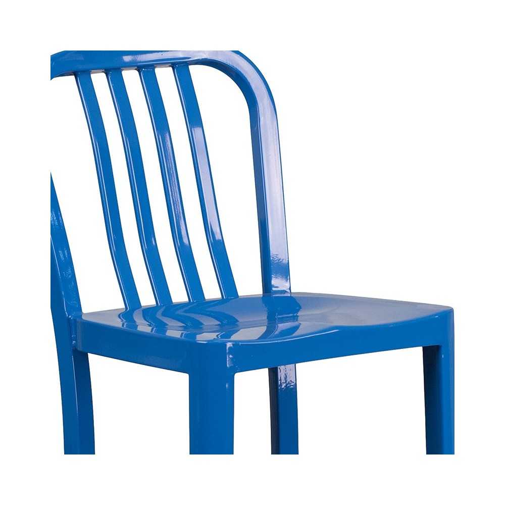 Commercial Grade 30" High Blue Metal Indoor-Outdoor Barstool with Vertical Slat Back