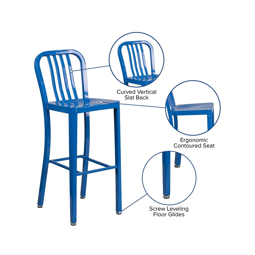 Commercial Grade 30" High Blue Metal Indoor-Outdoor Barstool with Vertical Slat Back