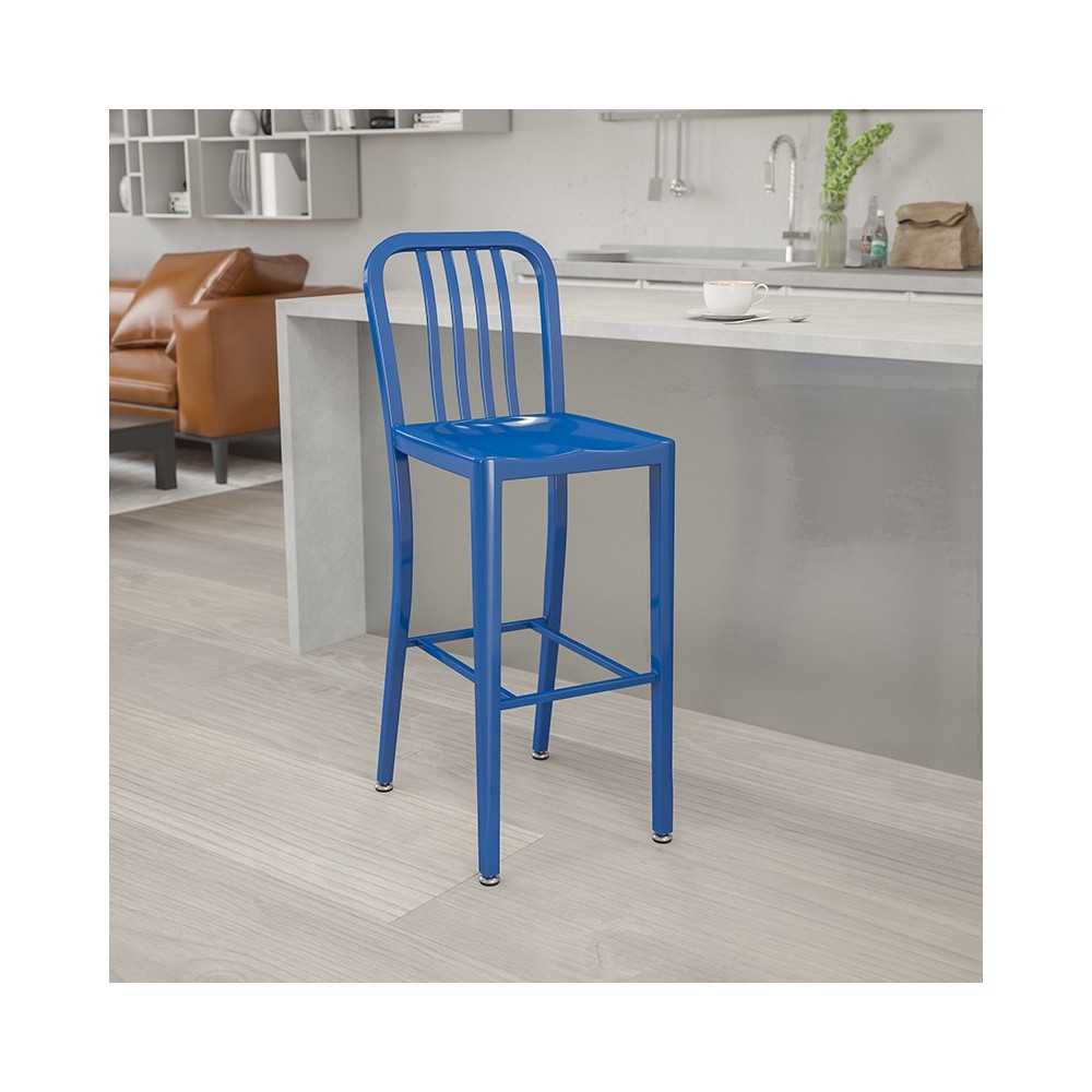 Commercial Grade 30" High Blue Metal Indoor-Outdoor Barstool with Vertical Slat Back