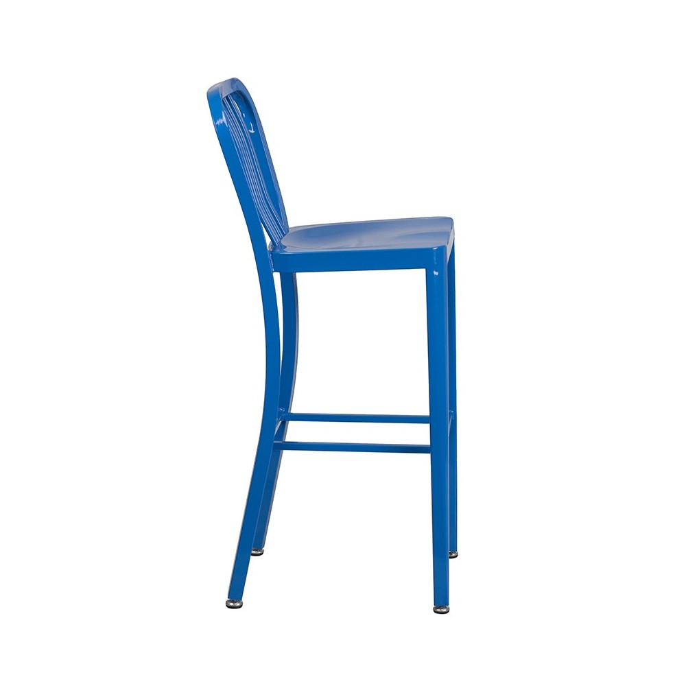 Commercial Grade 30" High Blue Metal Indoor-Outdoor Barstool with Vertical Slat Back