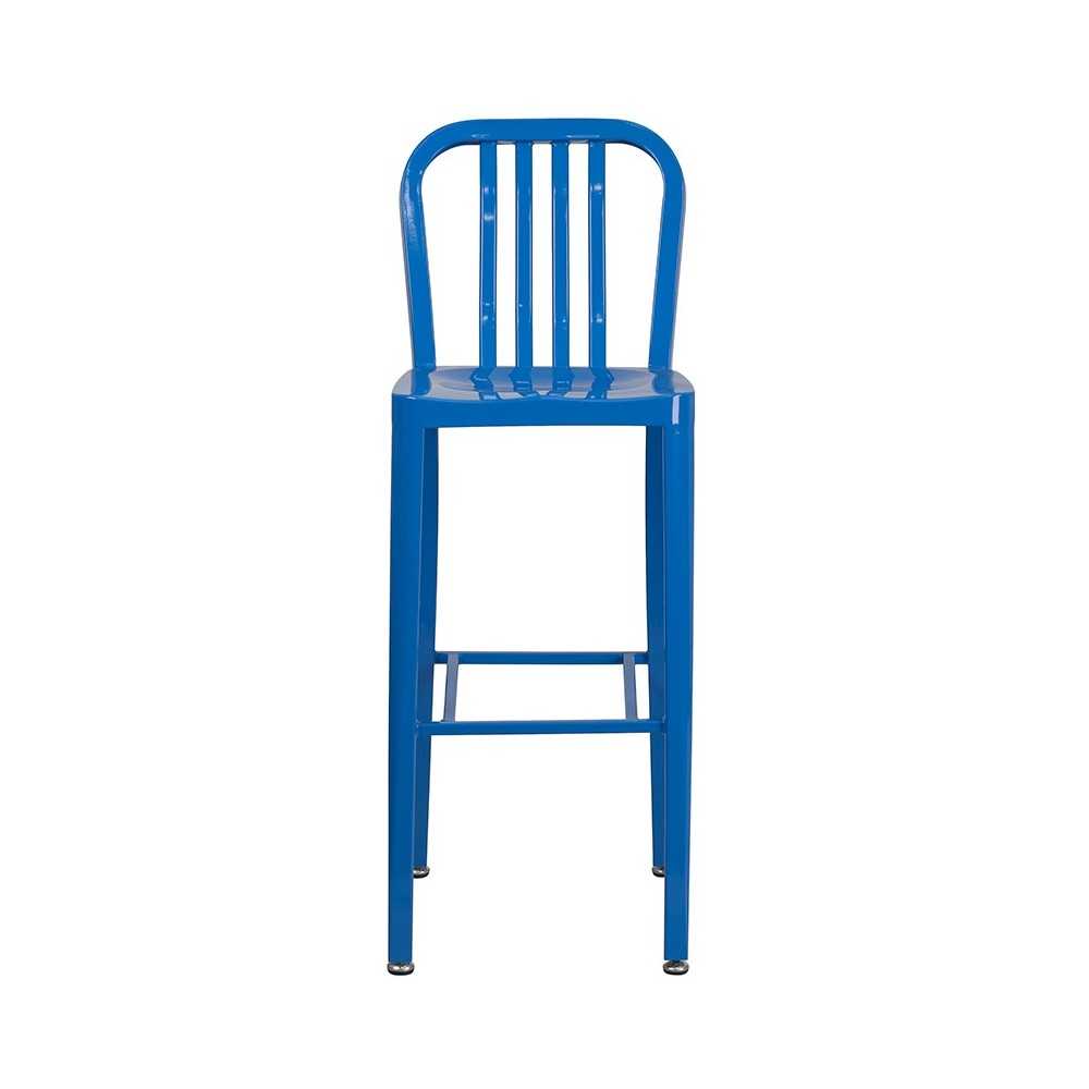 Commercial Grade 30" High Blue Metal Indoor-Outdoor Barstool with Vertical Slat Back