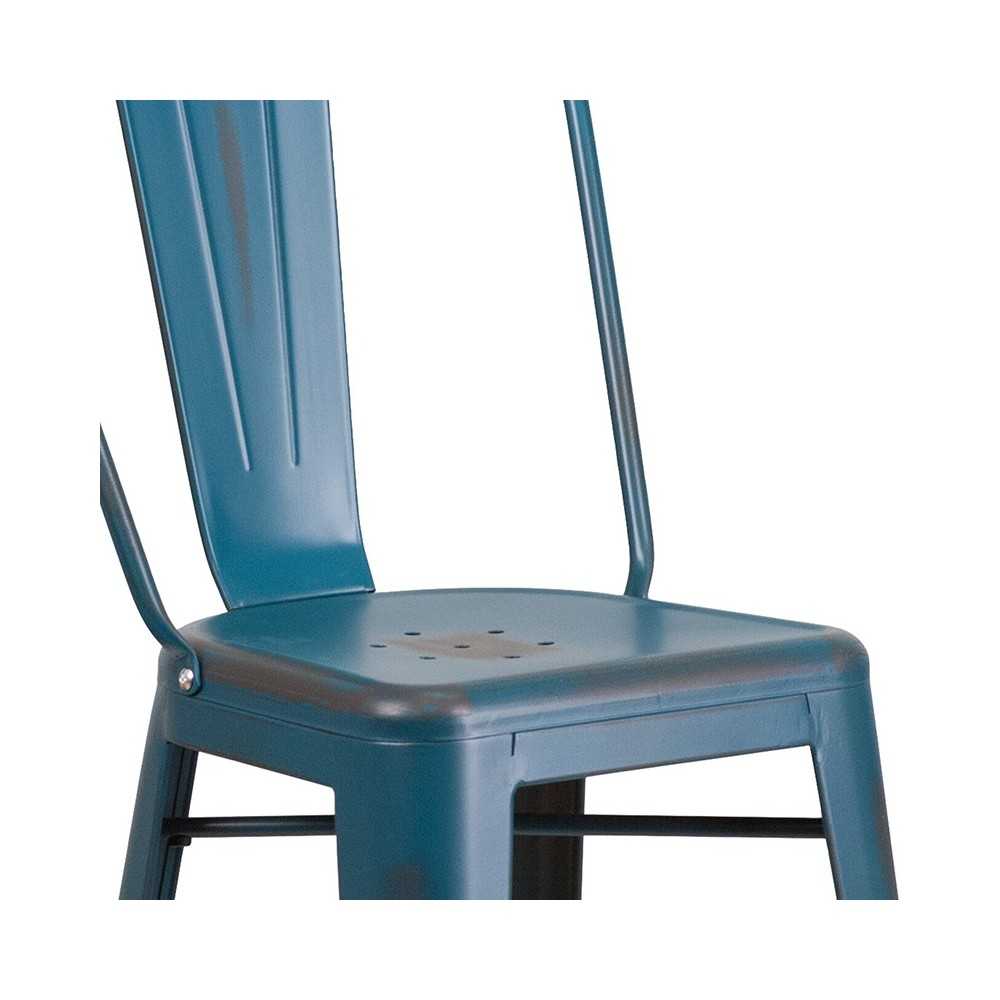 Commercial Grade 30" High Distressed Antique Blue Metal Indoor-Outdoor Barstool with Back