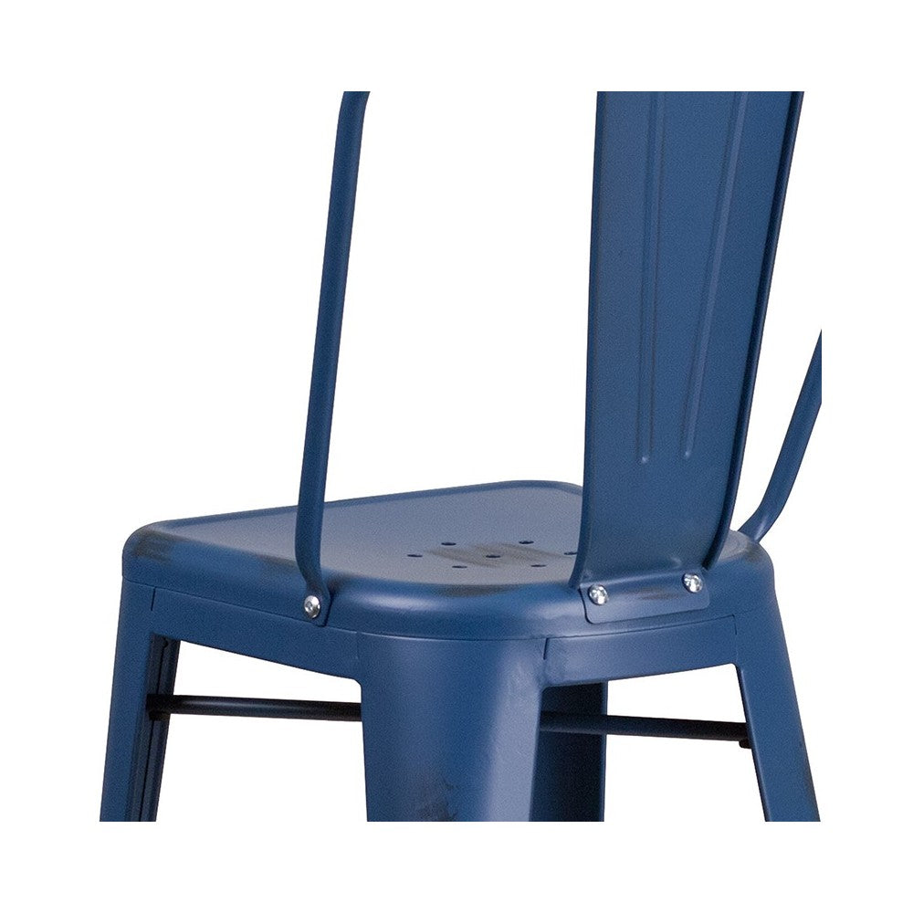 Commercial Grade 30" High Distressed Antique Blue Metal Indoor-Outdoor Barstool with Back