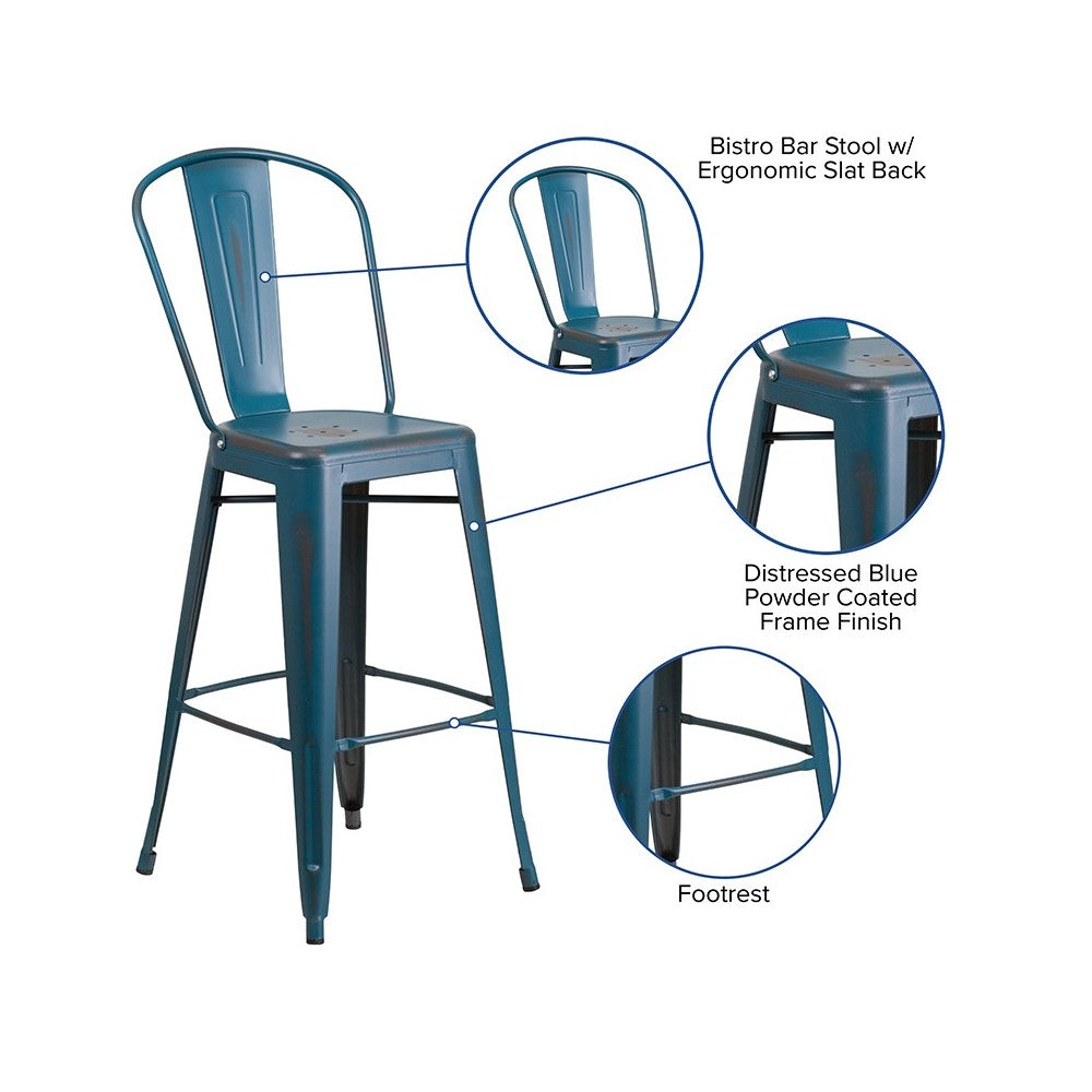Commercial Grade 30" High Distressed Antique Blue Metal Indoor-Outdoor Barstool with Back