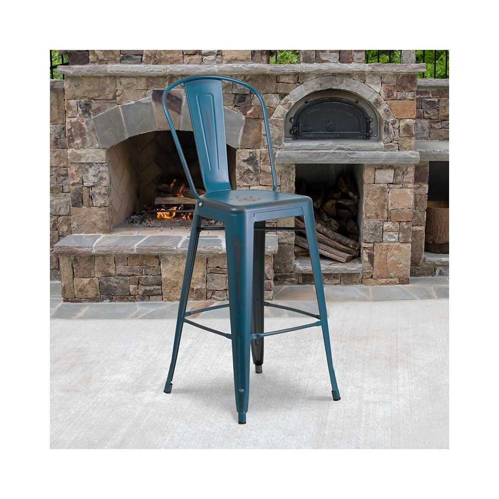 Commercial Grade 30" High Distressed Antique Blue Metal Indoor-Outdoor Barstool with Back