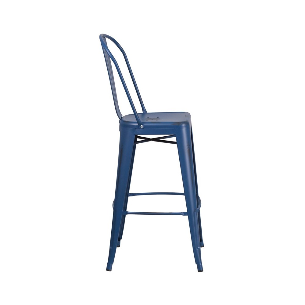 Commercial Grade 30" High Distressed Antique Blue Metal Indoor-Outdoor Barstool with Back