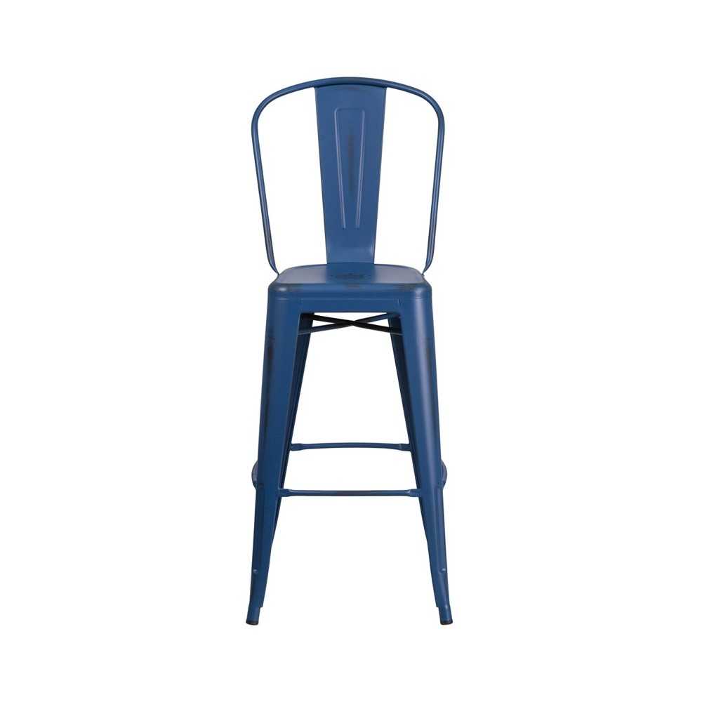 Commercial Grade 30" High Distressed Antique Blue Metal Indoor-Outdoor Barstool with Back
