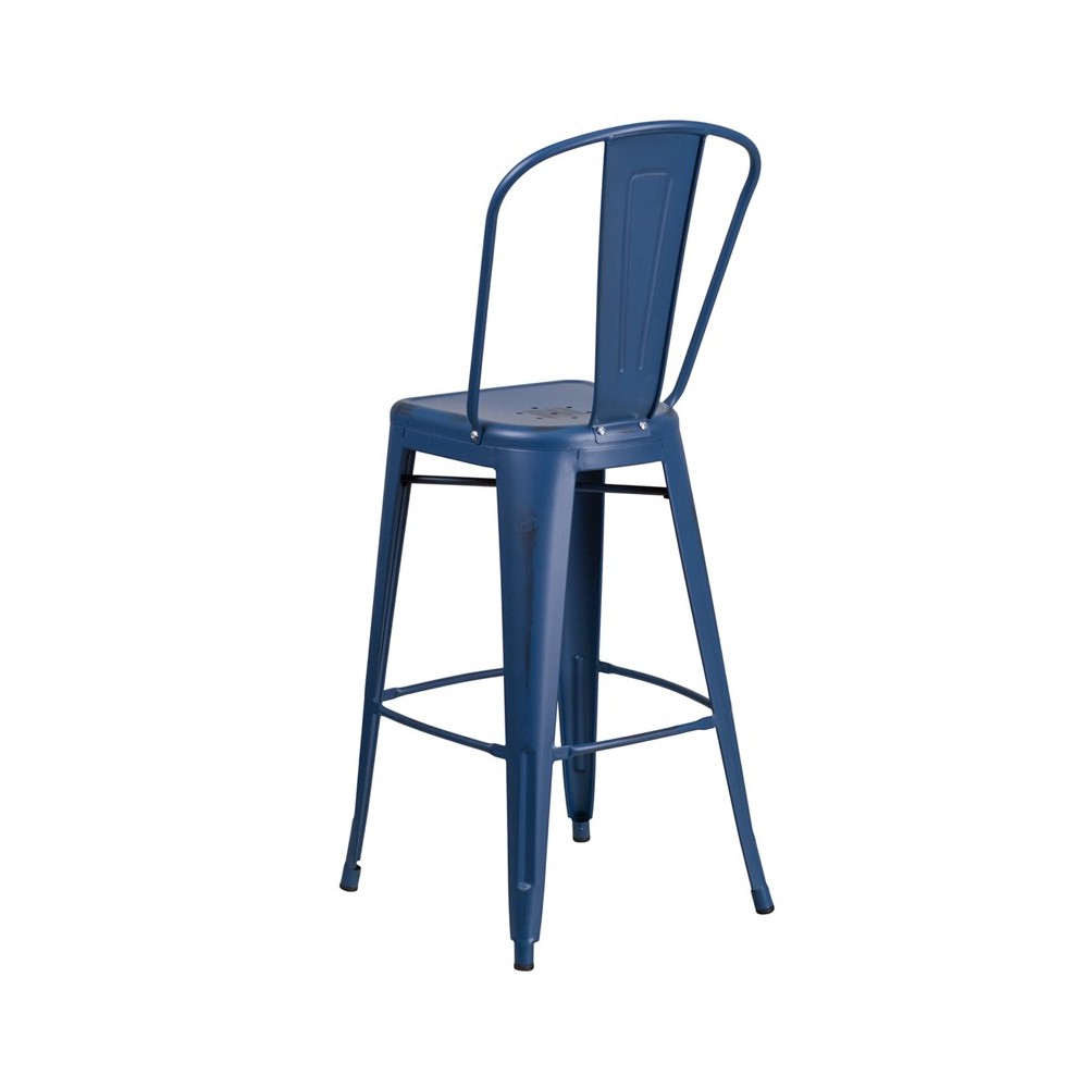 Commercial Grade 30" High Distressed Antique Blue Metal Indoor-Outdoor Barstool with Back