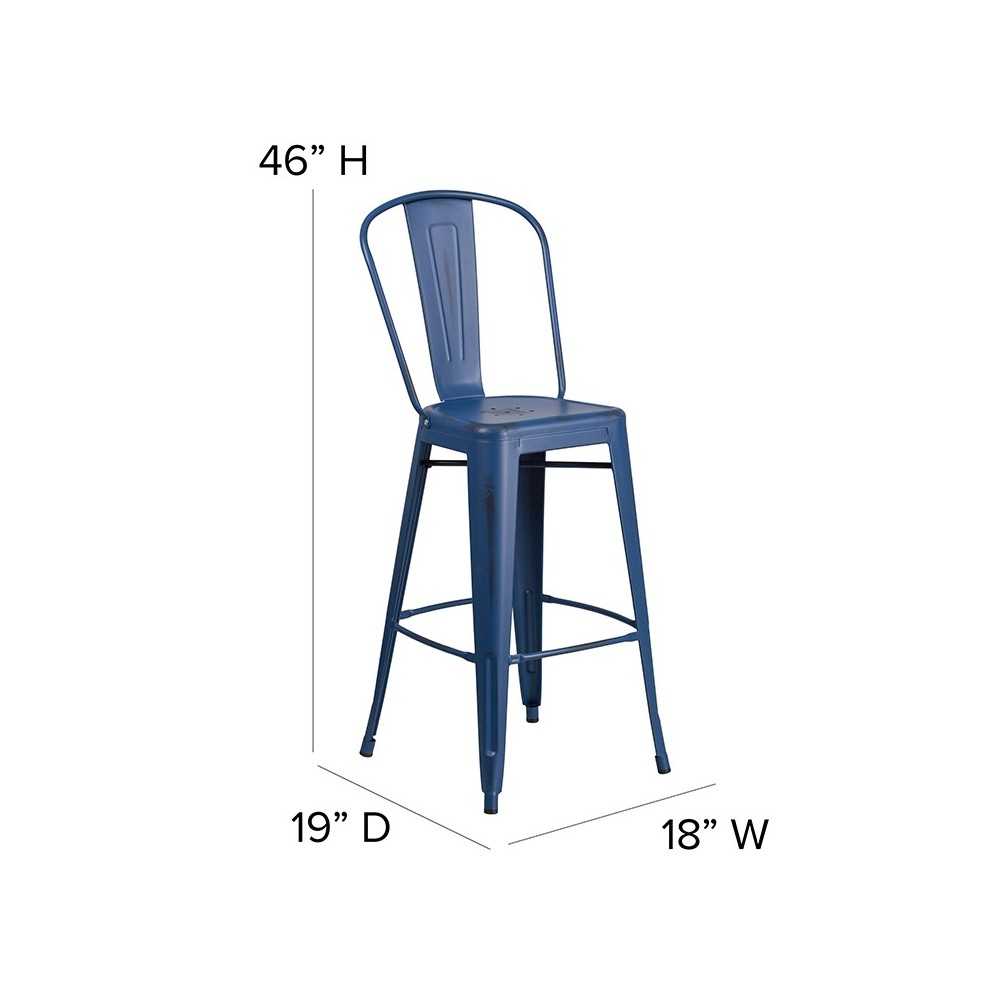Commercial Grade 30" High Distressed Antique Blue Metal Indoor-Outdoor Barstool with Back