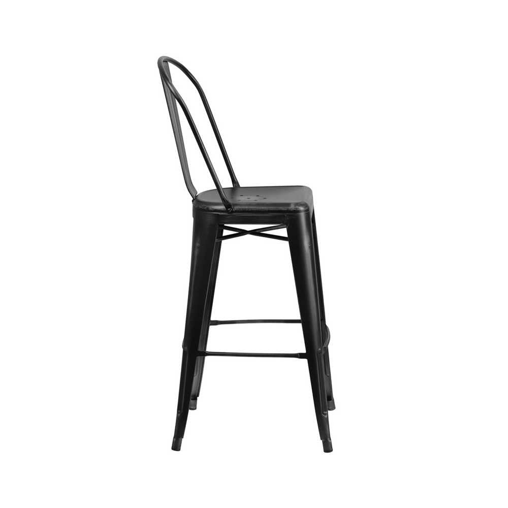 Commercial Grade 30" High Distressed Black Metal Indoor-Outdoor Barstool with Back