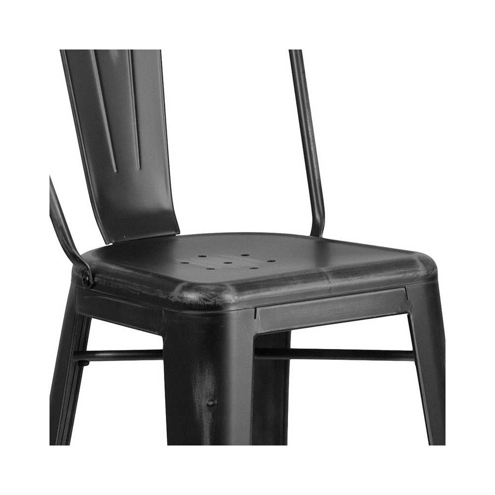 Commercial Grade 30" High Distressed Black Metal Indoor-Outdoor Barstool with Back