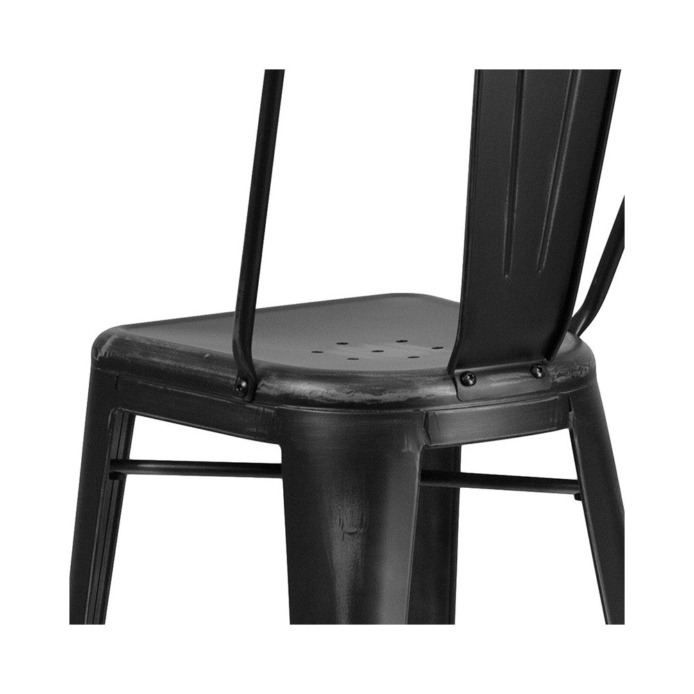 Commercial Grade 30" High Distressed Black Metal Indoor-Outdoor Barstool with Back